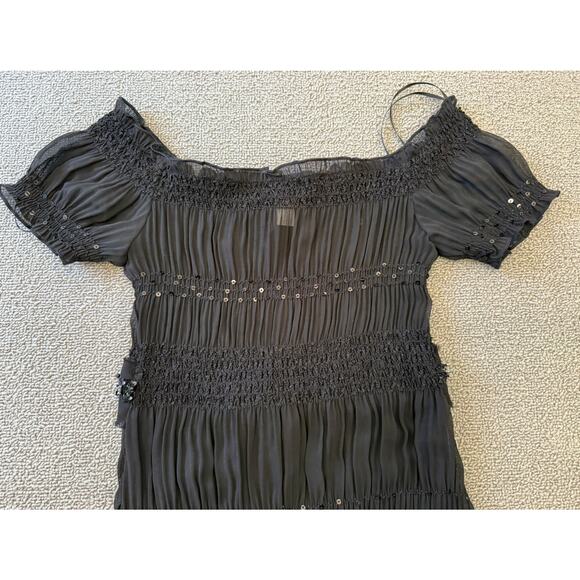 ABS Allen Schwartz Women XXS Sheer Black Sequin Beaded Tiered Ribbon Tie Dress - Picture 10 of 14